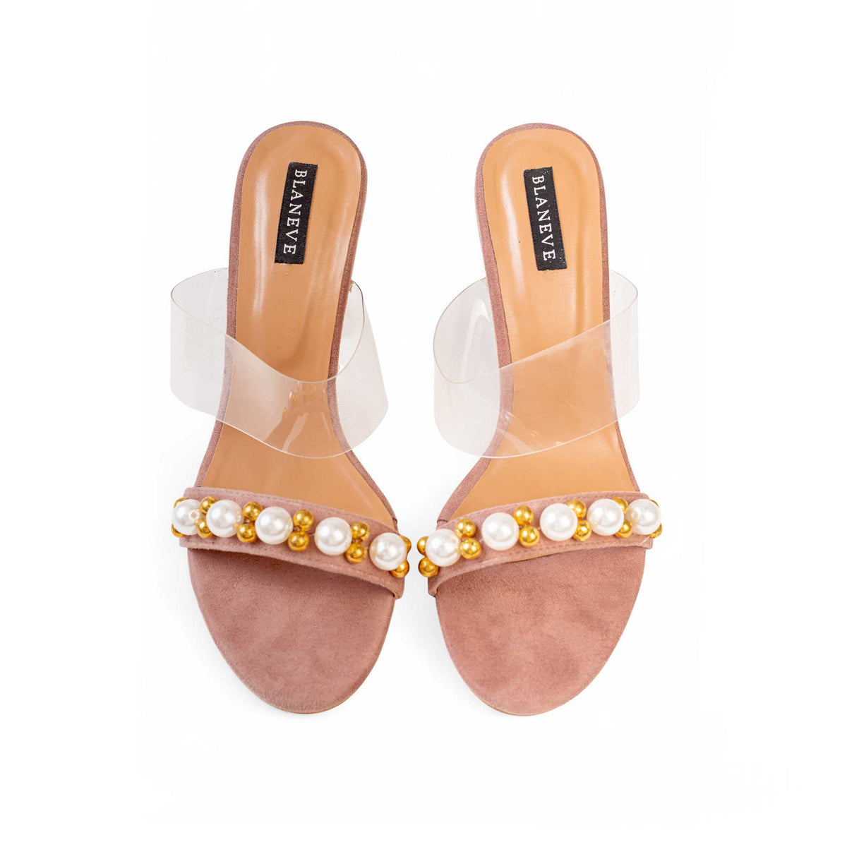 Top view of BLANEVE Orchid mauve heels with pearl-embellished toe straps and clear straps across the instep