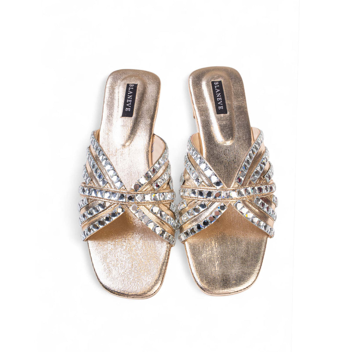 Top view of BLANEVE Halo gold-toned flat slides with square open toes and crystal-lined straps