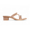 Side view of BLANEVE Willow beige slide sandal with slim straps and a low block heel.