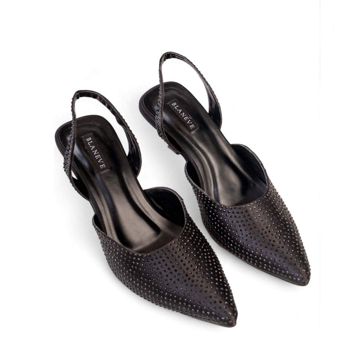 Angled view of BLANEVE Noire black pointed-toe heels with studded uppers and slingback straps