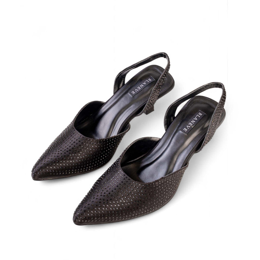Pair of BLANEVE Noire black slingback heels showing studded pointed toes, open backs and shaped heels