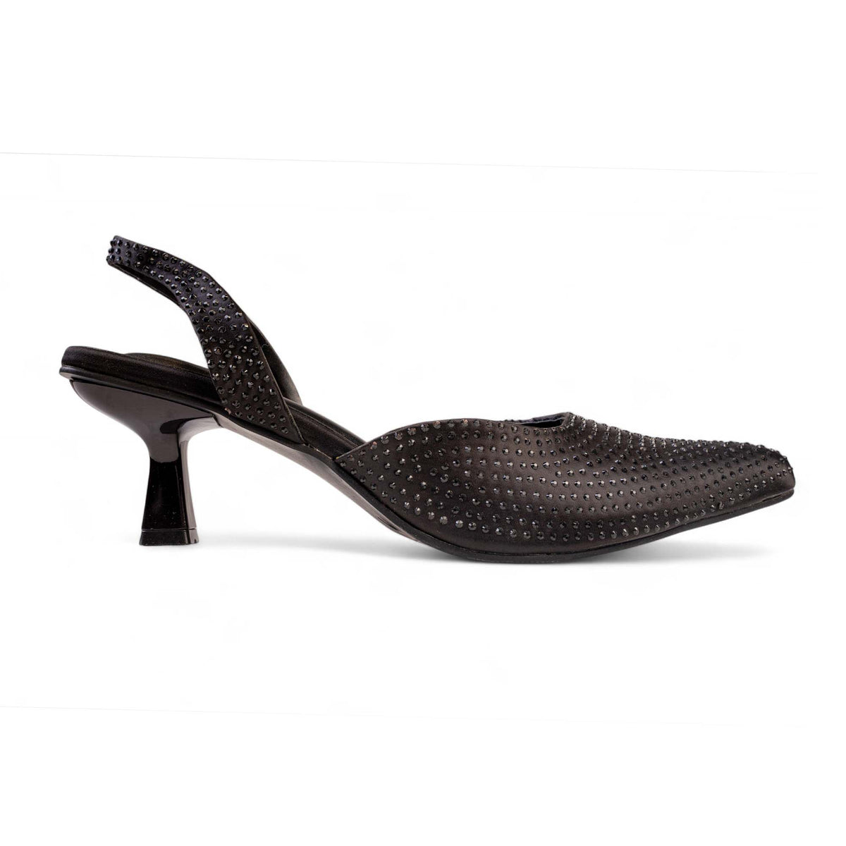 Side view of BLANEVE Noire black pointed-toe slingback heel with fine studded detailing and a sculptural heel